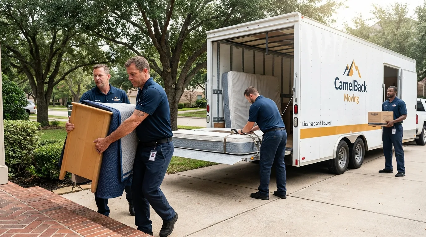 Crew loading residential truck for cross-state move from Monett, MO