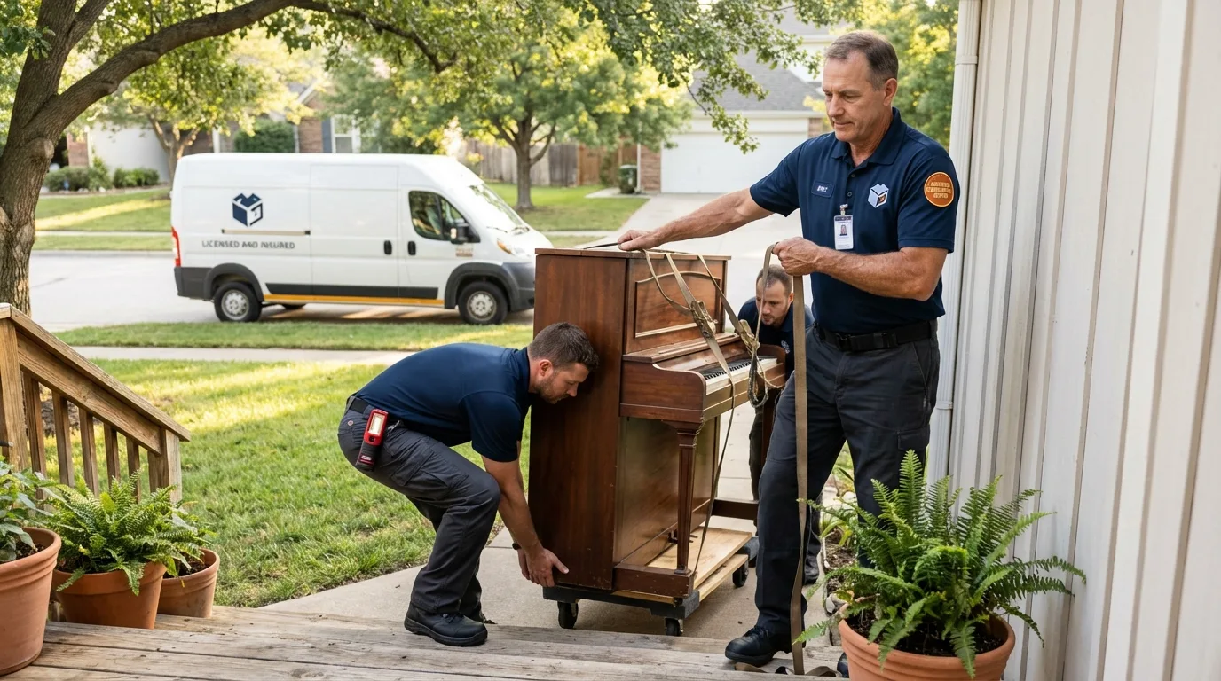 Licensed piano movers securing grand piano in Monett, MO