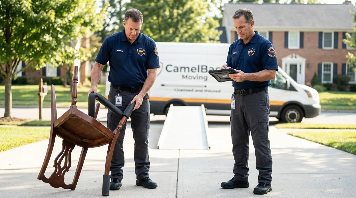 Movers inspecting furniture for damage prevention before loading in Monett, MO